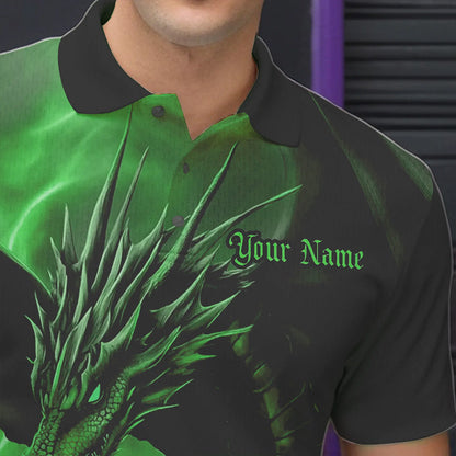 Black And Green Custom Dragon Bowling Polo Shirts For Men, Dragon Bowling League Shirt IPHW8644