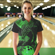 Load image into Gallery viewer, Black And Green Custom Dragon Bowling Polo Shirts For Women, Dragon Bowling League Shirt IPHW8644