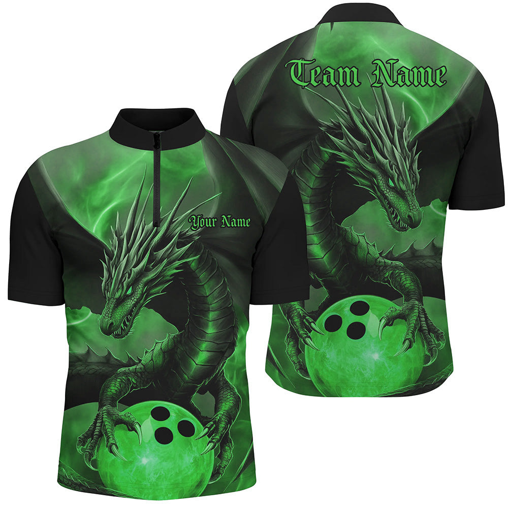 Black And Green Custom Dragon Bowling Quarter-Zip Shirts For Men, Dragon Bowling League Shirt IPHW8644