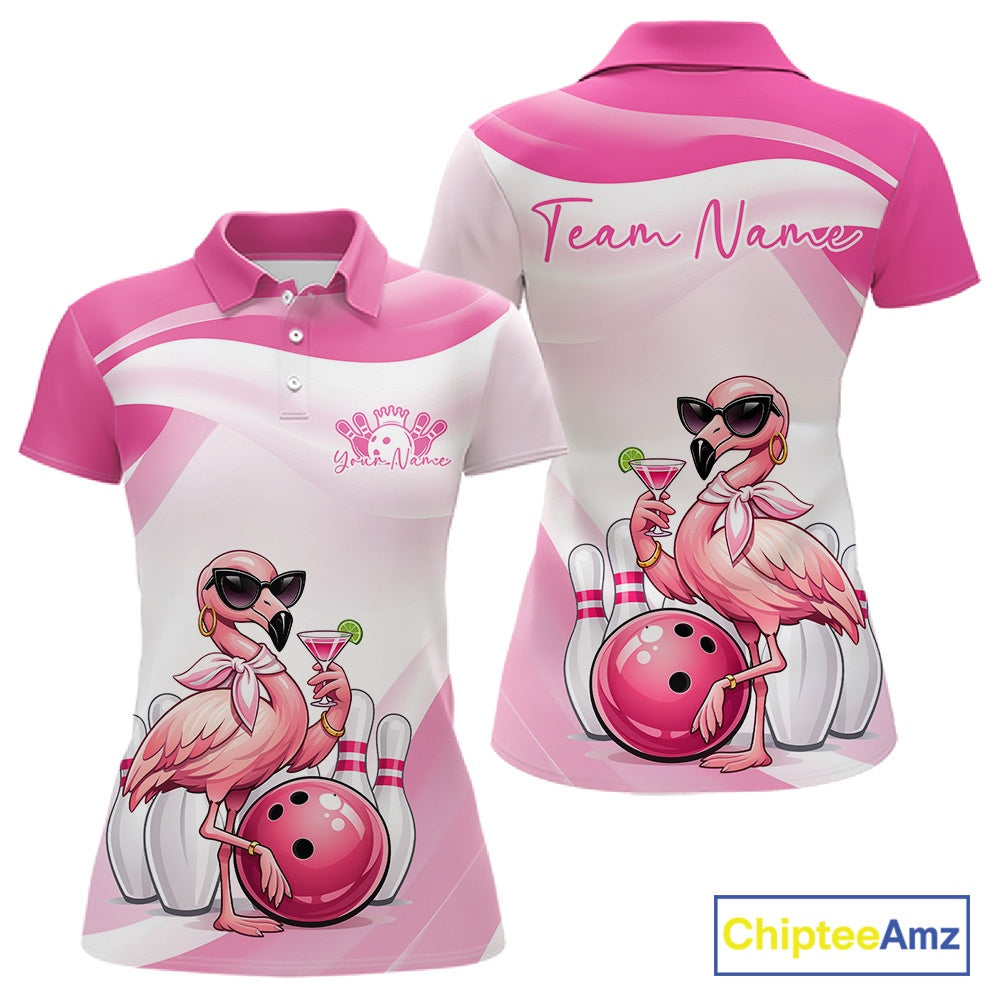Front and back display of a pink women’s bowling polo shirt featuring a stylish flamingo holding a cocktail beside a bowling ball.