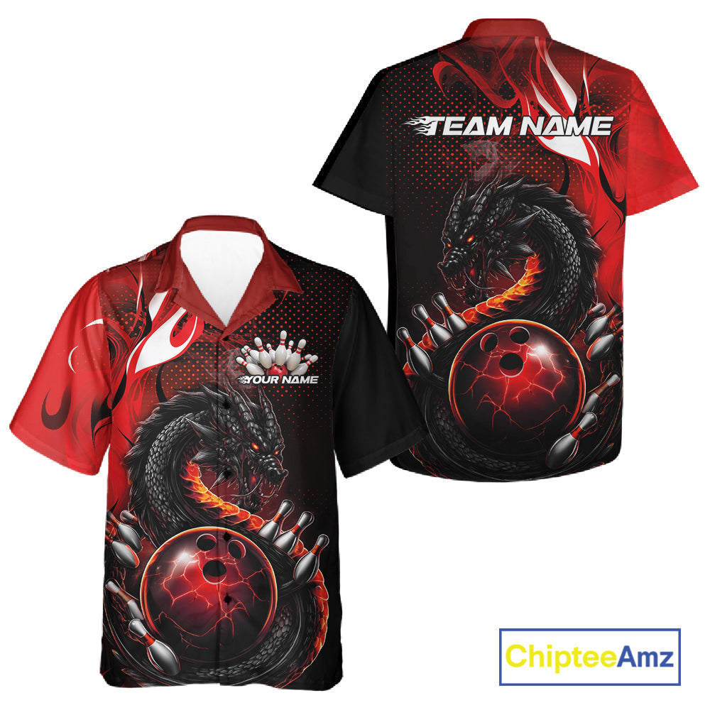 Custom Black And Red Dragon Bowling Jerseys, Dragon Bowling Team Men And Women Hawaiian Shirt IPHW10267