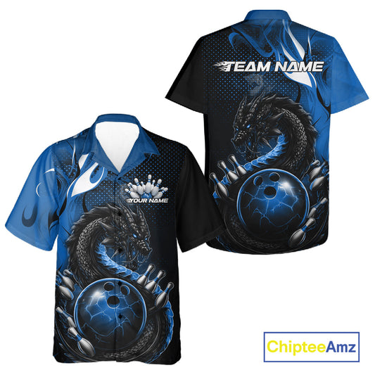 Custom Black And Blue Dragon Bowling Jerseys, Dragon Bowling Team Men And Women Hawaiian Shirt IPHW10268