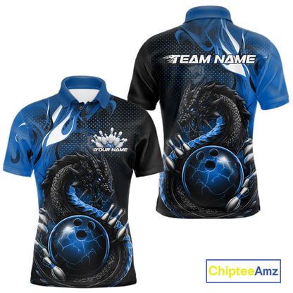 Custom Black And Blue Dragon Bowling Jerseys, Dragon Bowling Team Men Polo Shirt IPHW10268