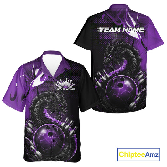 Custom Black And Purple Dragon Bowling Jerseys, Dragon Bowling Team Men And Women Hawaiian Shirt IPHW10269