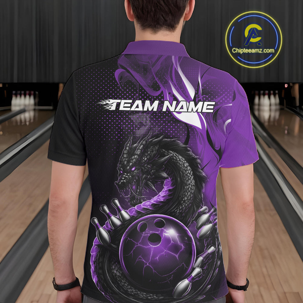 Custom Black And Purple Dragon Bowling Jerseys, Dragon Bowling Team Men Polo Shirt IPHW10269