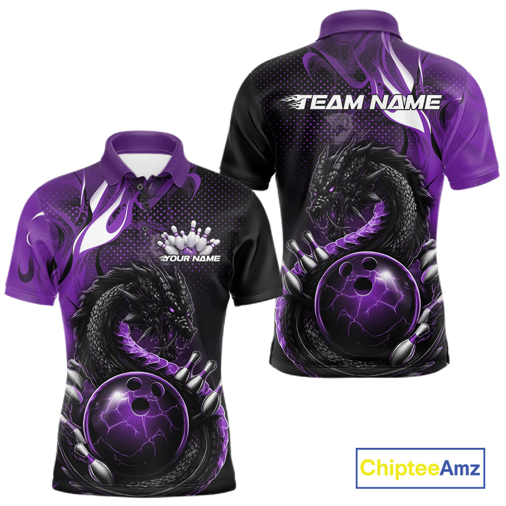 Custom Black And Purple Dragon Bowling Jerseys, Dragon Bowling Team Men Polo Shirt IPHW10269