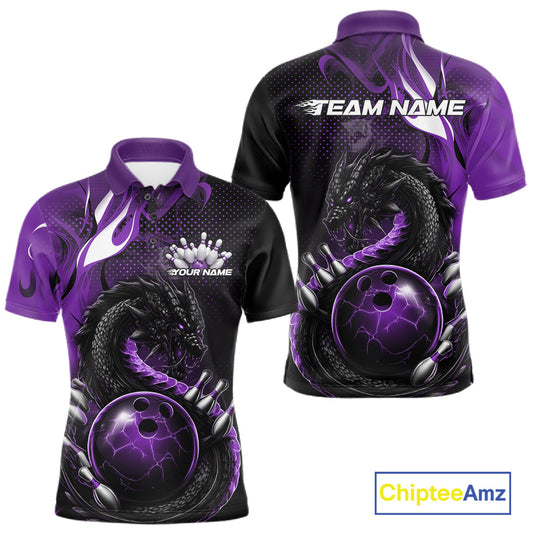 Custom Black And Purple Dragon Bowling Jerseys, Dragon Bowling Team Men Polo Shirt IPHW10269