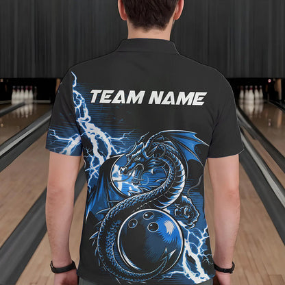 Custom Black And Blue Thunder Lightning Dragon Bowling Polo Shirts For Men, Bowlers Outfits IPHW8663