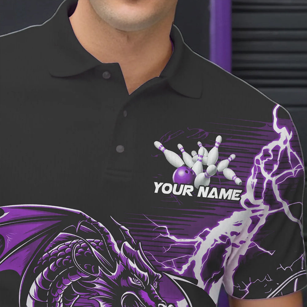 Custom Black And Purple Thunder Lightning Dragon Bowling  Polo Shirts For Men, Bowlers Outfits IPHW8664