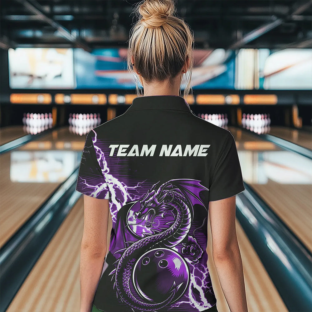 Custom Black And Purple Thunder Lightning Dragon Bowling  Womens Polo Shirt, Bowlers Outfit IPHW8664