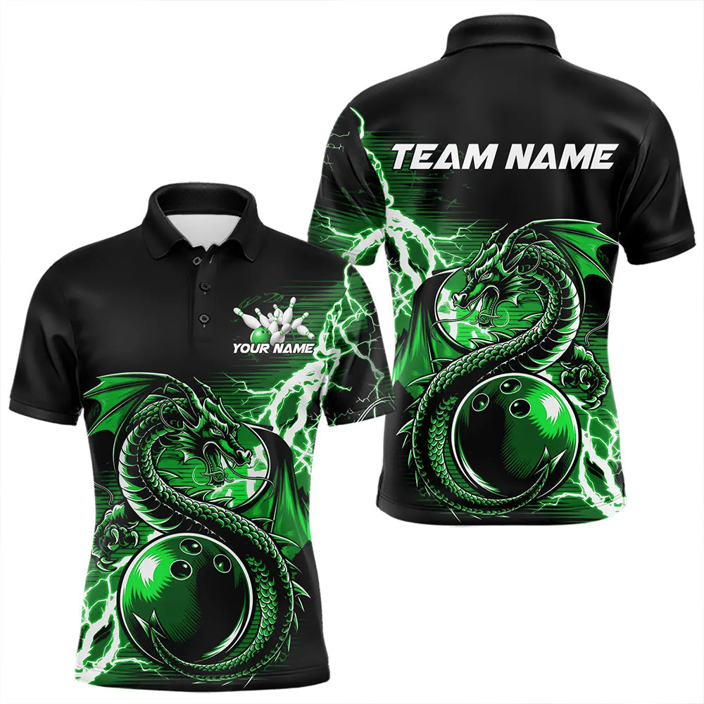 Custom Black And Green Thunder Lightning Dragon Bowling  Polo Shirts For Men, Bowlers Outfits IPHW8665