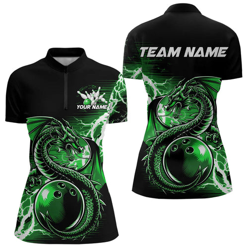 Custom Black And Green Thunder Lightning Dragon Bowling  Womens Quarter-Zip Shirts IPHW8665