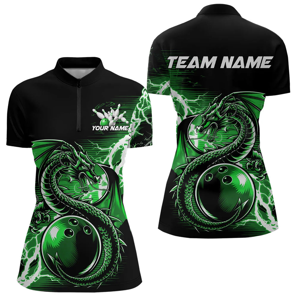 Custom Black And Green Thunder Lightning Dragon Bowling  Womens Quarter-Zip Shirts IPHW8665
