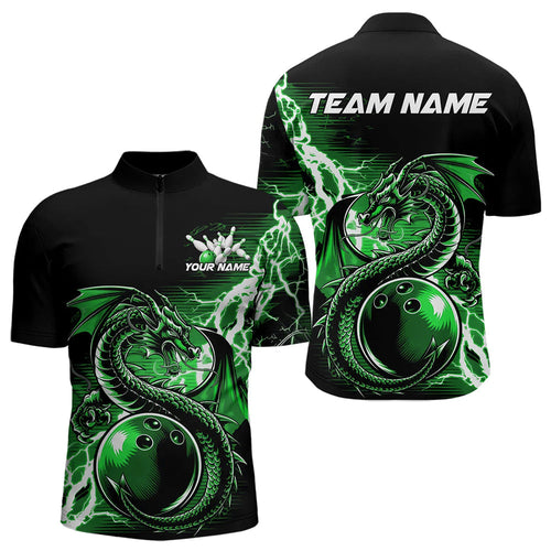 Custom Black And Green Thunder Lightning Dragon Bowling  Quarter-Zip Shirts For Men, Bowlers Outfits IPHW8665