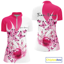 Load image into Gallery viewer, Women s white and pink bowling quarter zip mockup shown from front and back with butterfly accents and bowling graphics.