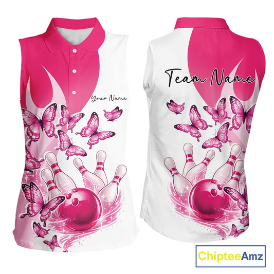 Front and back mockup of a womens white and pink sleeveless bowling shirt with butterfly artwork and bowling graphics
