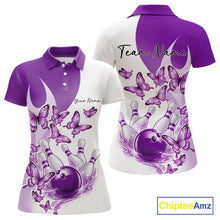 Load image into Gallery viewer, Front and back mockup of a womens white and purple bowling polo featuring butterfly graphics and colorful bowling artwork