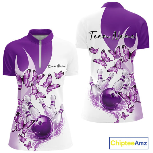 Front and back mockup of a womens white and purple bowling quarter zip featuring butterfly artwork and bowling-themed graphics
