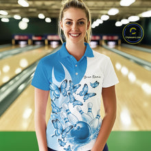 Load image into Gallery viewer, Custom White And Blue Butterfly Women Bowling Polo Shirts, Ladies Bowling League Shirt IPHW11338