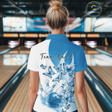 Load image into Gallery viewer, Custom White And Blue Butterfly Women Bowling Polo Shirts, Ladies Bowling League Shirt IPHW11338