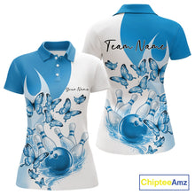 Load image into Gallery viewer, Custom White And Blue Butterfly Women Bowling Polo Shirts, Ladies Bowling League Shirt IPHW11338