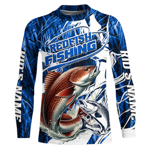 Custom Redfish Performance Fishing Shirts, Redfish Long Sleeve Fishing Shirts | Blue Camo IPHW6840