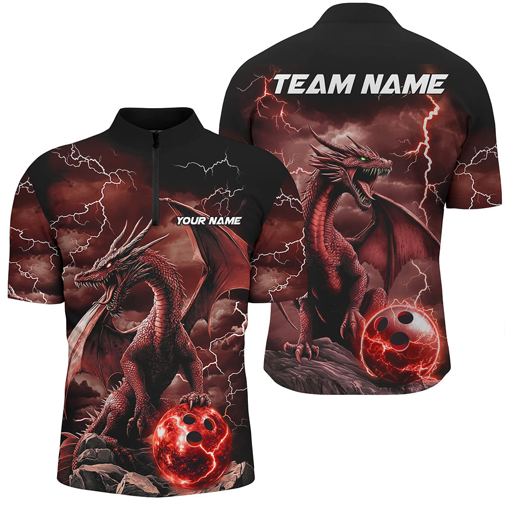 Black And Red Thunder Lightning Custom Dragon Bowling Team Shirts For Men, Bowling Uniform IPHW7993