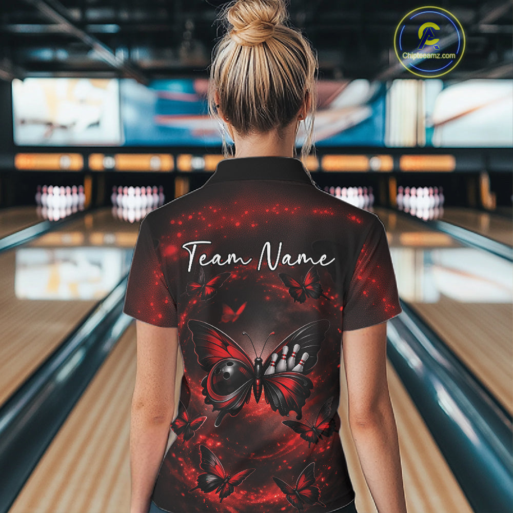 Back view of a female model at a bowling lane wearing a bowling polo shirt featuring a red and black butterfly motif with smoky bowling-themed graphics.