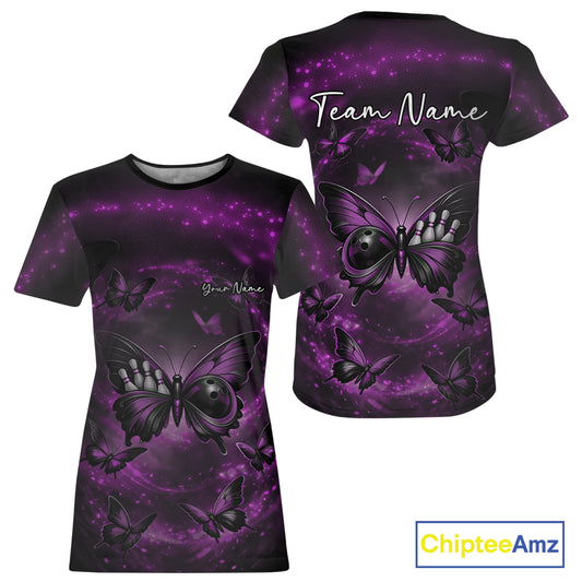 Front and back mockup of a women’s crewneck bowling T-shirt showcasing a purple and black butterfly with a bowling ball body and misty smoke effects.
