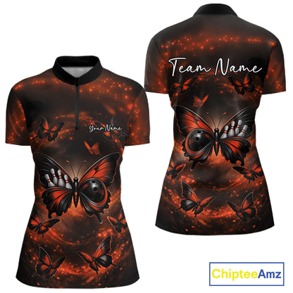 Front and back view of a women’s bowling quarter-zip shirt showcasing an orange and black butterfly with a bowling ball body against a smoky backdrop.