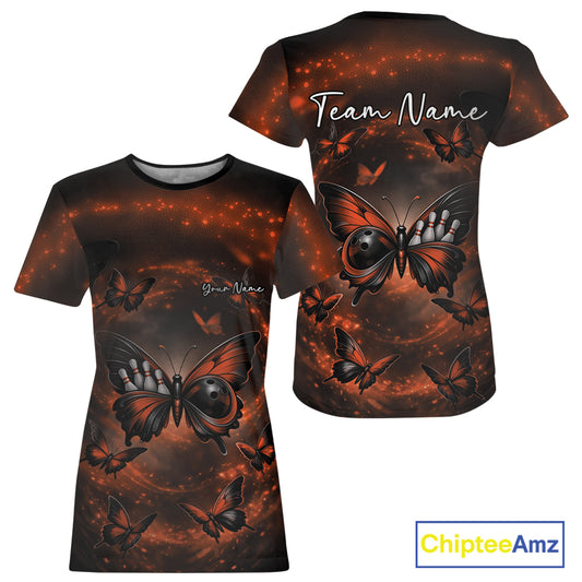 Women’s crewneck bowling shirt shown front and back with an orange and black butterfly artwork incorporating a bowling ball body and smoky background.