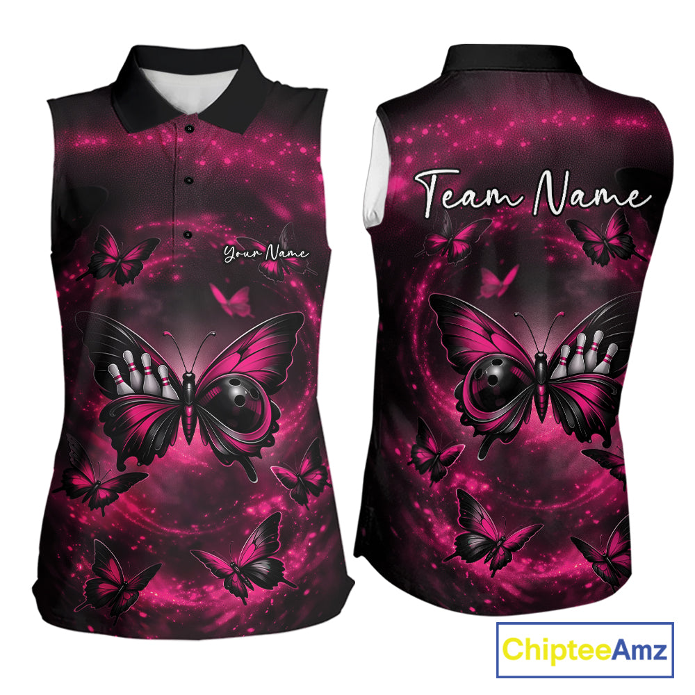Front and back view of a women’s sleeveless bowling shirt featuring a pink and black butterfly with a bowling ball body on a smoky backdrop.