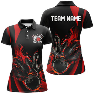 Black And Red Custom Flame Bowling Shirts For Women, Bowling Team Outfits IPHW7206