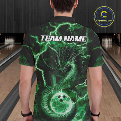 Custom Green Thunder Lightning Dragon Bowling Polo Shirts For Men, Team Uniform IPHW9759