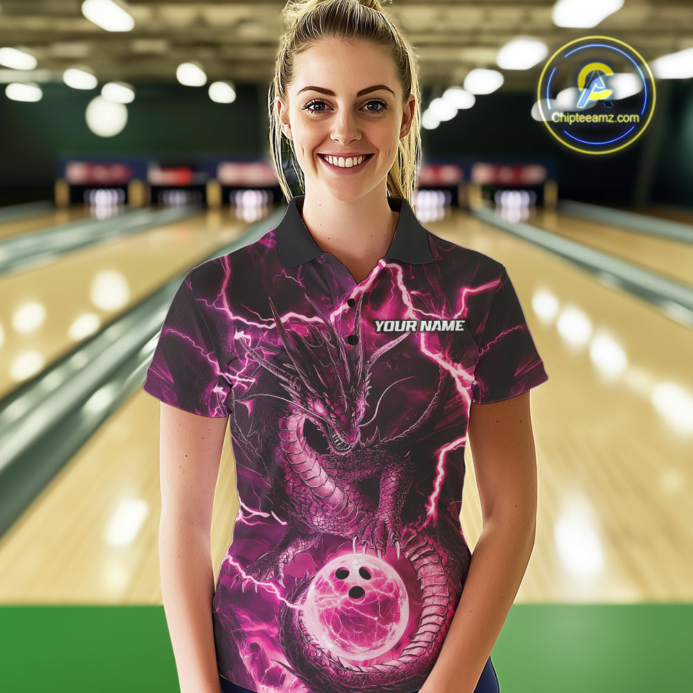 Custom Pink Thunder Lightning Dragon Bowling Polo Shirts For Women, Team Uniform IPHW9760