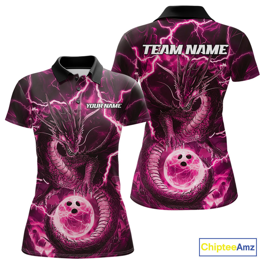Custom Pink Thunder Lightning Dragon Bowling Polo Shirts For Women, Team Uniform IPHW9760