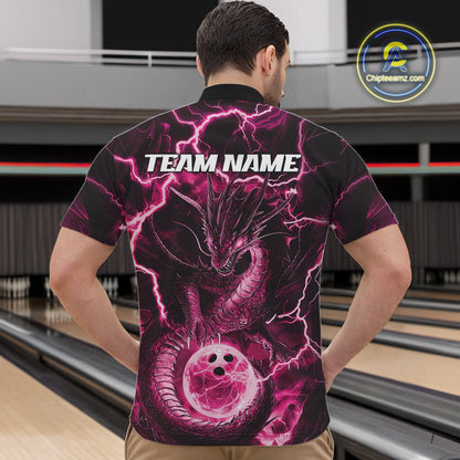 Custom Pink Thunder Lightning Dragon Bowling Quarter-Zip Shirts For Men, Team Uniform IPHW9760