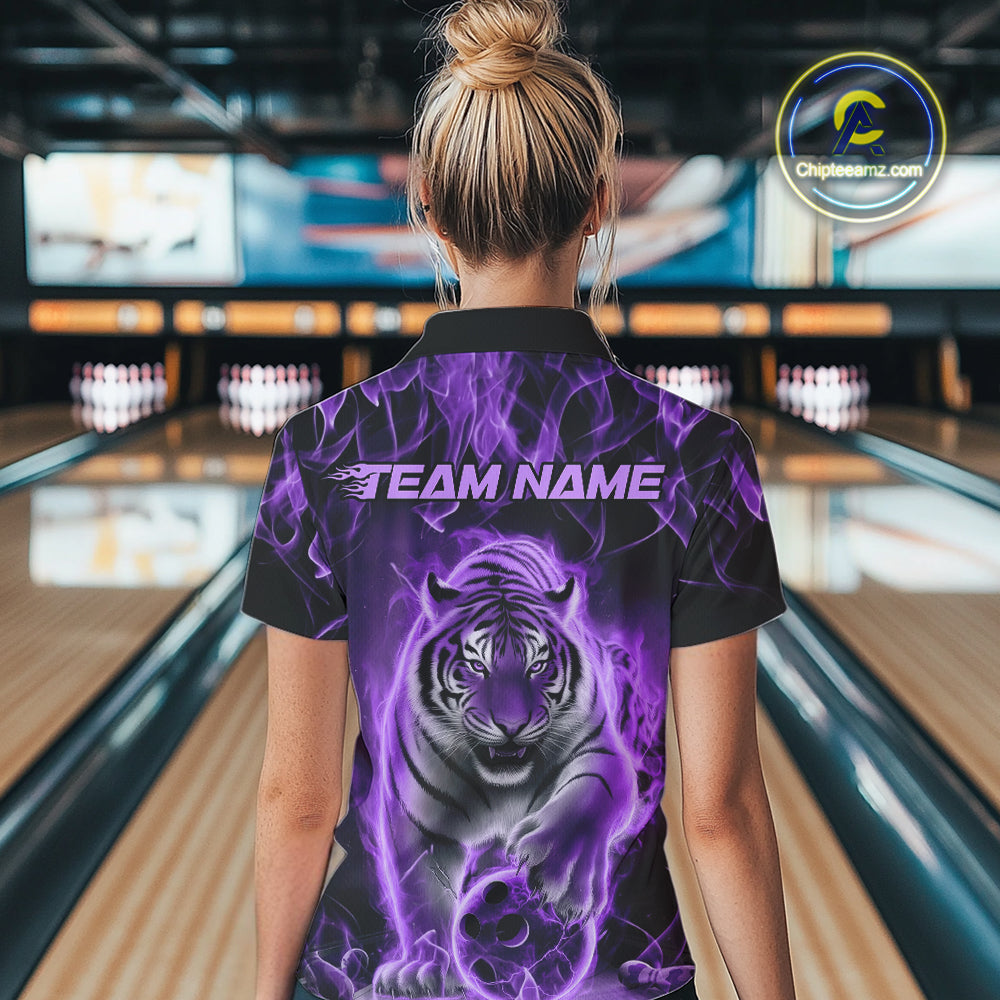 Custom Purple Flame Tiger Bowling Polo Shirts For Women, Tiger Bowling Team Shirt IPHW9761