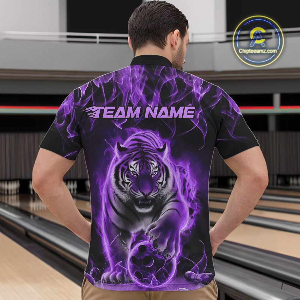 Custom Purple Flame Tiger Bowling Quarter-Zip Shirts For Men, Tiger Bowling Team Shirt IPHW9761