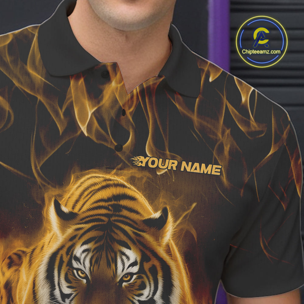 Custom Yellow Flame Tiger Bowling Polo Shirts For Men, Tiger Bowling Team Shirt IPHW9763