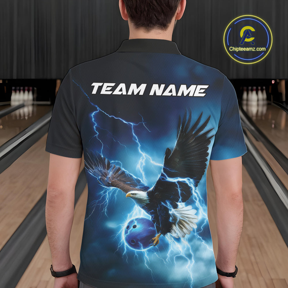 Custom Blue Thunder Lightning Eagle Bowling Men Polo Shirts, Eagle Bowling Team Jerseys IPHW10146