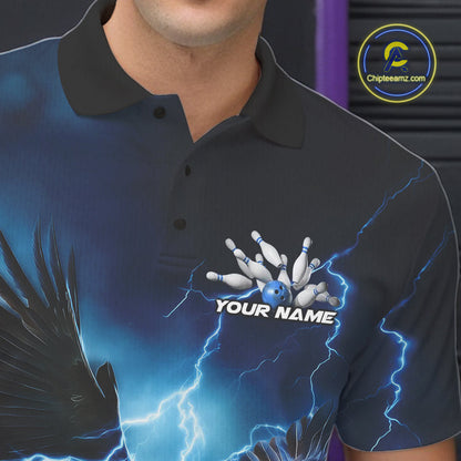 Custom Blue Thunder Lightning Eagle Bowling Men Polo Shirts, Eagle Bowling Team Jerseys IPHW10146