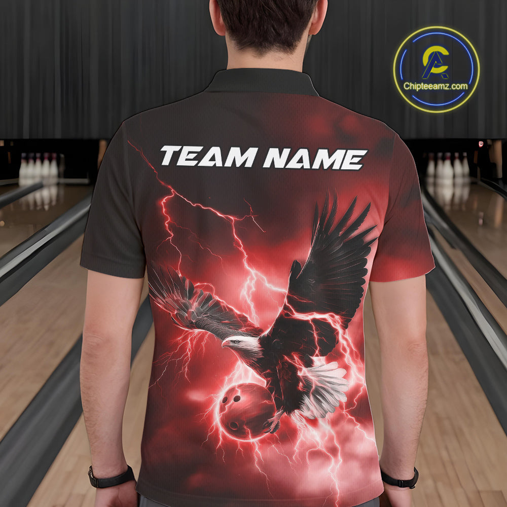Custom Red Thunder Lightning Eagle Bowling Men Polo Shirts, Eagle Bowling Team Jerseys IPHW10147