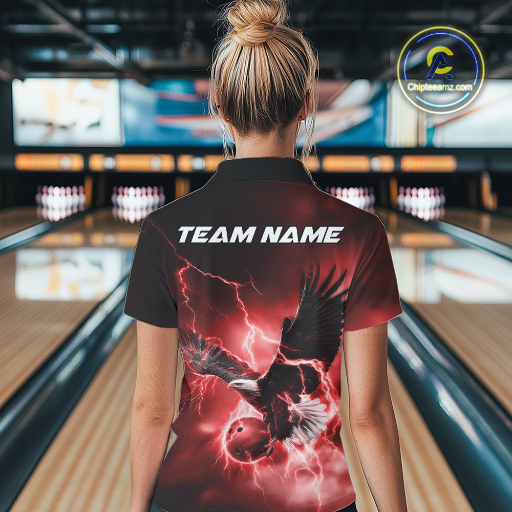Custom Red Thunder Lightning Eagle Women Bowling Shirts, Eagle Bowling Team Jerseys IPHW10147