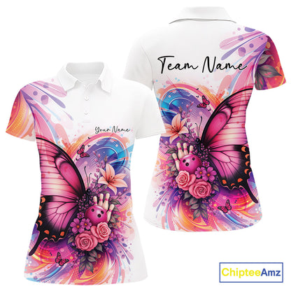 Custom Colorful Butterfly And Roses Flowers Bowling Women Polo Shirts With Name IPHW10298