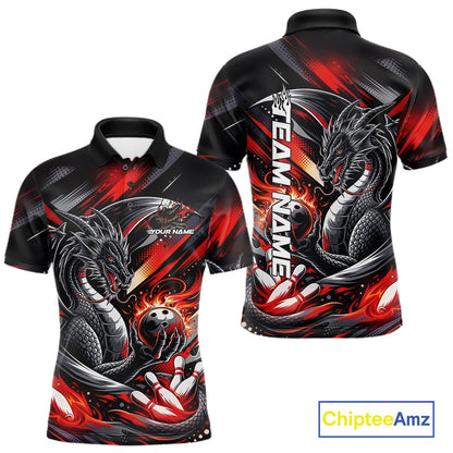 Personalized Black And Red Dragon Bowling Team Jerseys, Dragon Bowling Polo Shirt IPHW10299