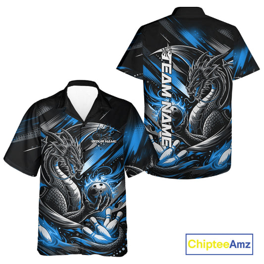 Personalized Black And Blue Dragon Bowling Team Jerseys, Dragon Bowling Hawaiian Shirt IPHW10300