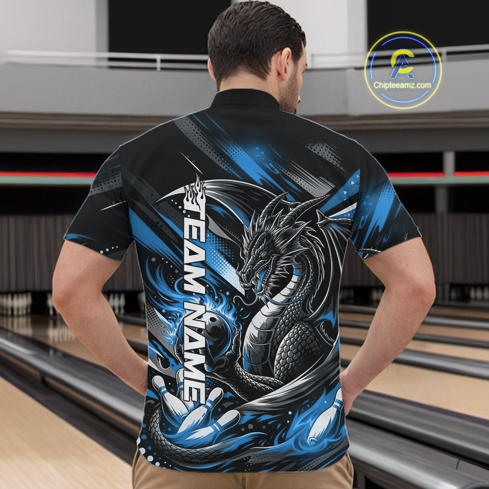 Personalized Black And Blue Dragon Bowling Team Jerseys, Dragon Bowling Quarter-Zip Shirt IPHW10300