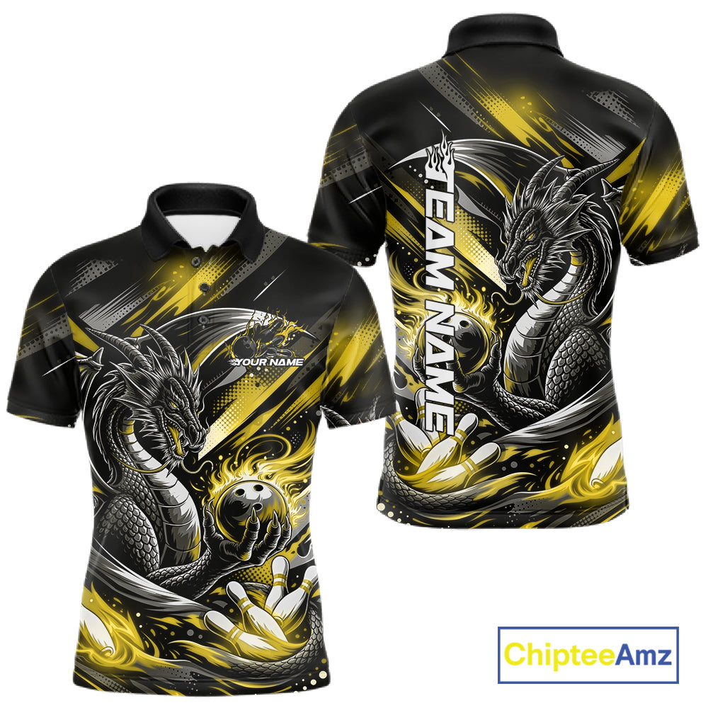 Personalized Black And Yellow Dragon Bowling Team Jerseys, Dragon Bowling Polo Shirt IPHW10302