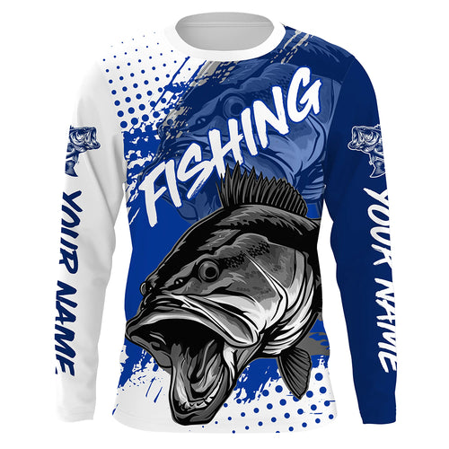 Personalized Bass Long Sleeve Tournament Fishing Shirts, Custom Bass Fishing Jerseys | Blue IPHW5800